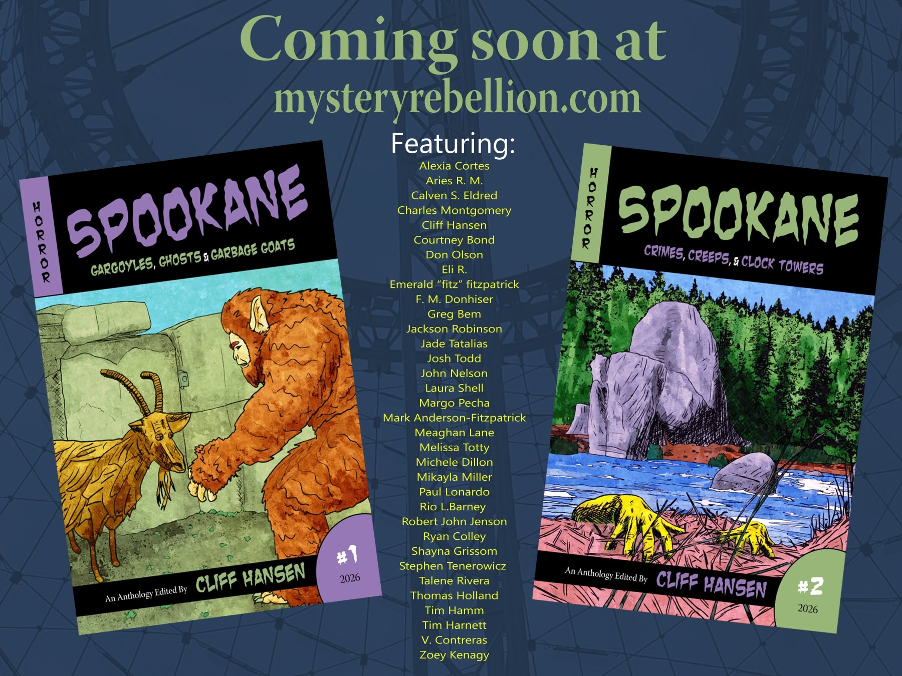 Covers for the Spookane anthology volumes 1 and 2 along with all the featured author names.